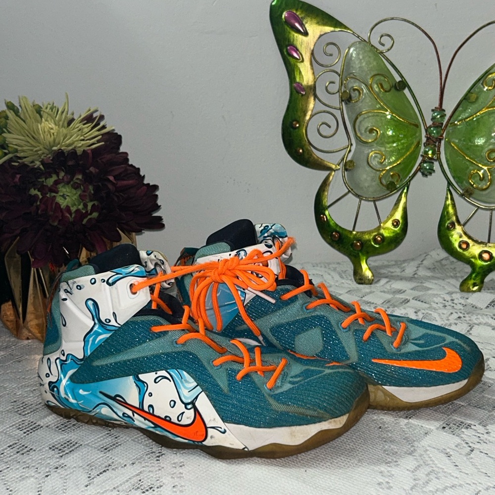Kids Nike LeBron 12 Gs (Buckets) Teal and Orange Athletic Shoes